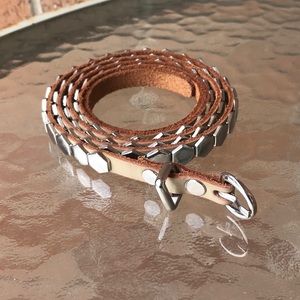 Cream Tan Leather Belt with Silver Hexagon Studs